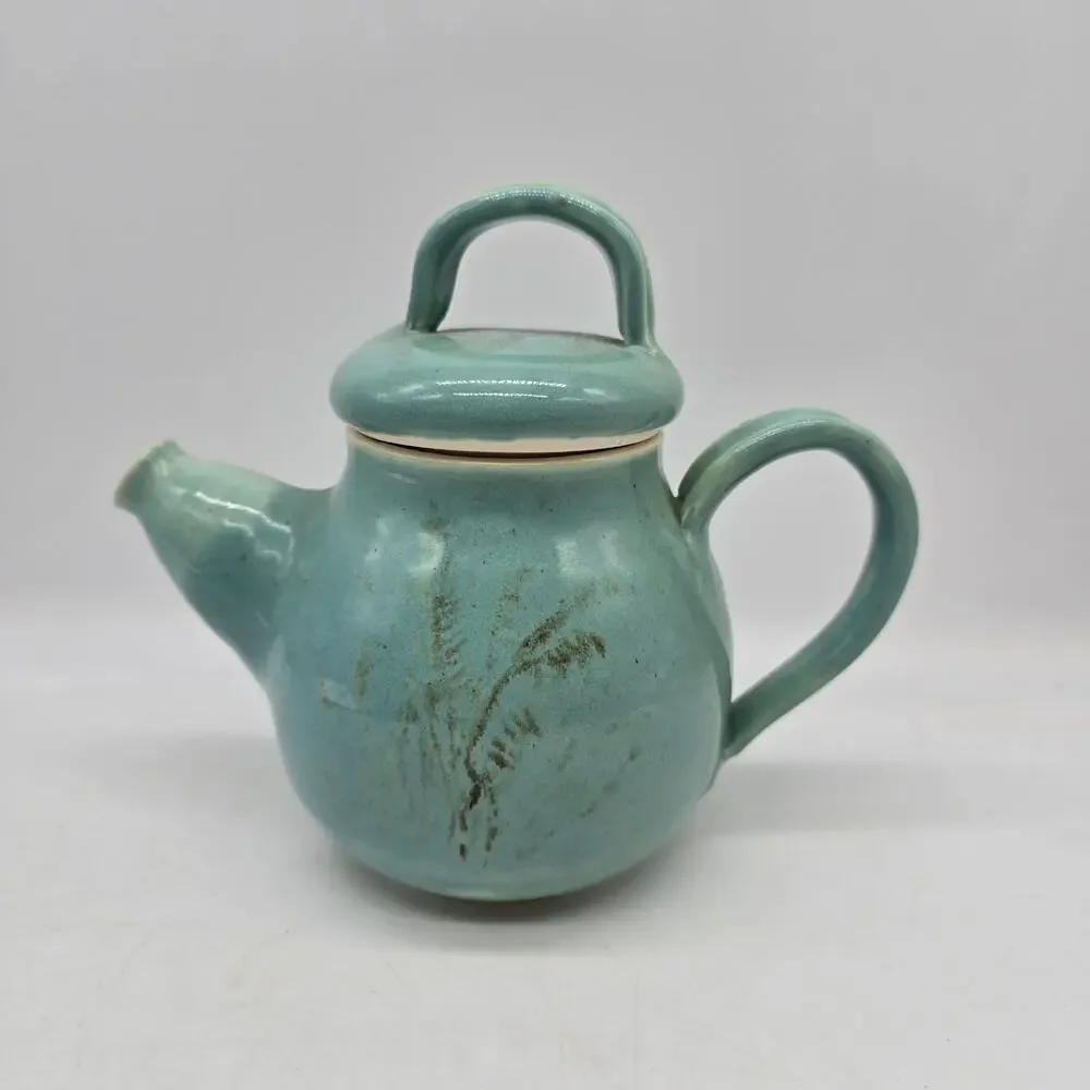 Vintage Handmade Teapot Coffee Kettle Retro Artist Signed Blue and Brown